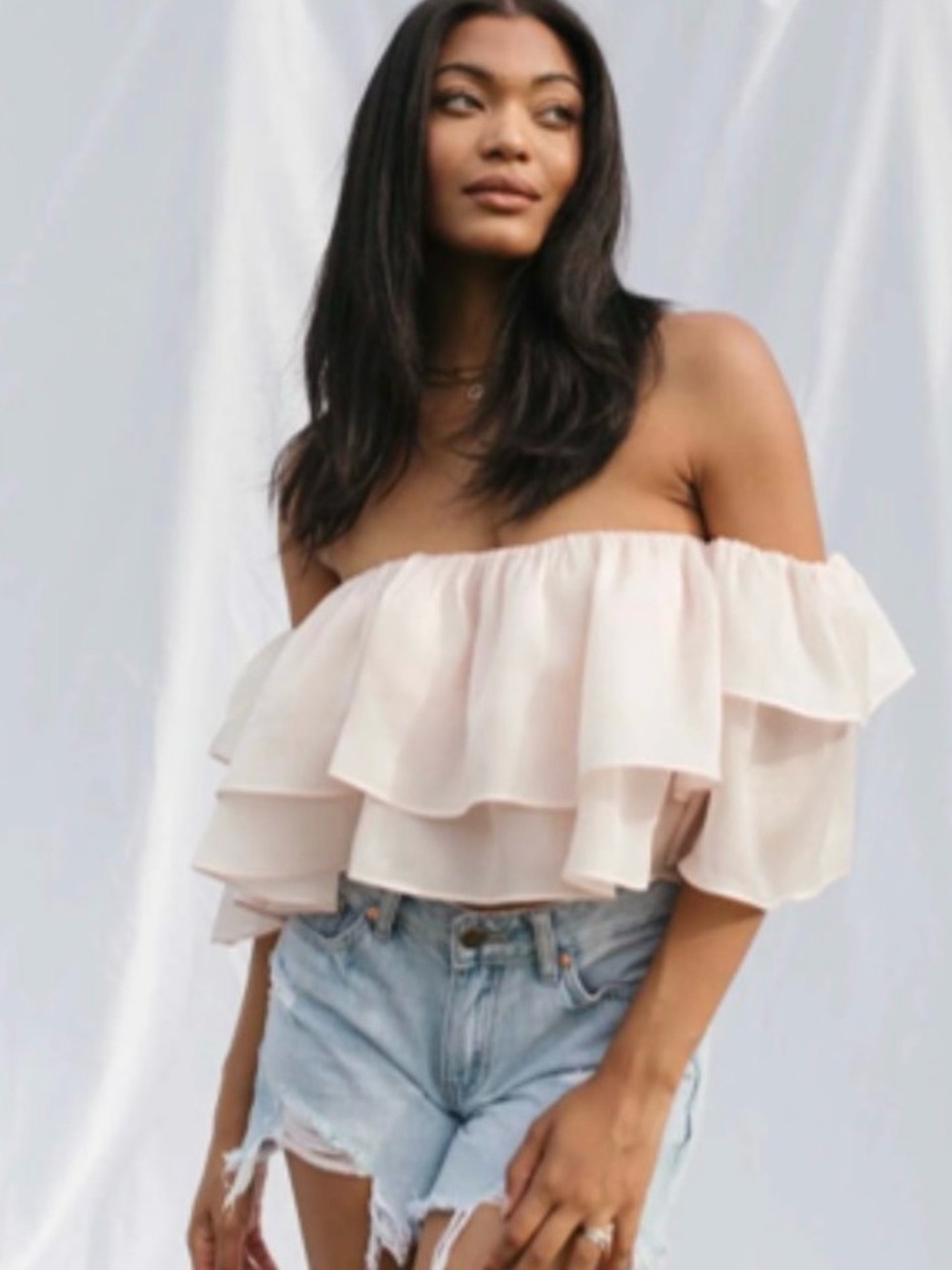 Vici Blush Layered Off-Shoulder Ruffle Crop Top